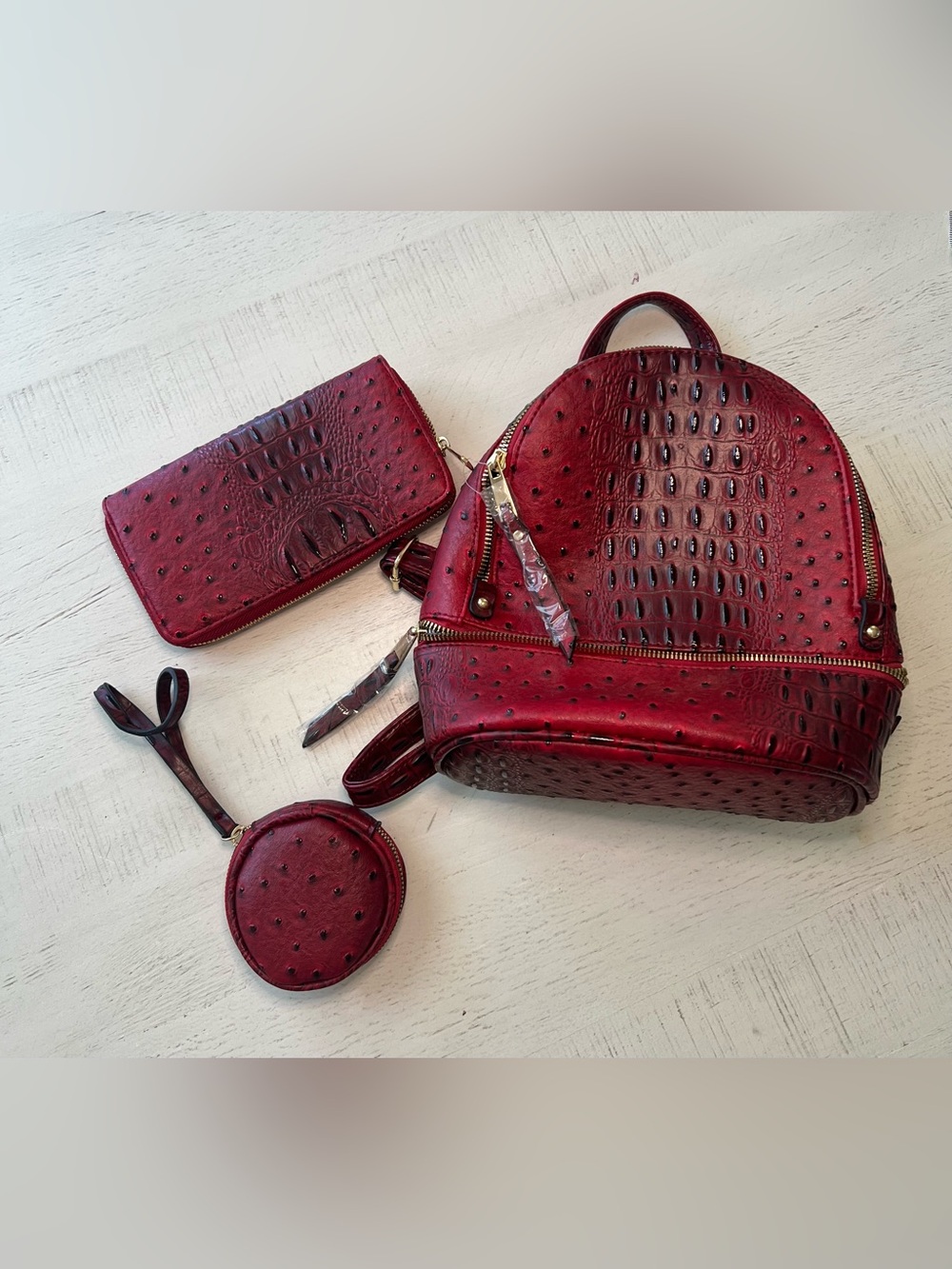 Le Miel Croc Ostrich Embossed Red Backpack Set
